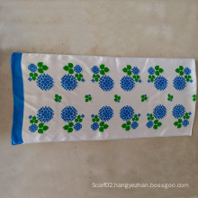 100% Silk Satin Blue Flower Small Towel Long Scarf